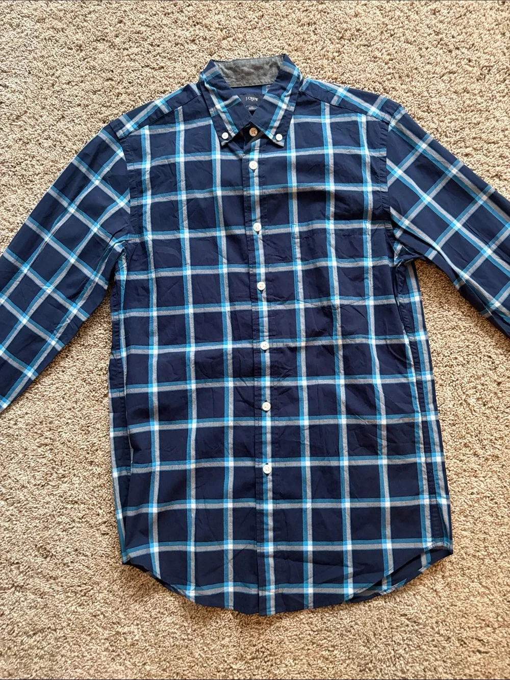 J. Crew Men's Navy and Light Blue Plaid Button-Down Shirt